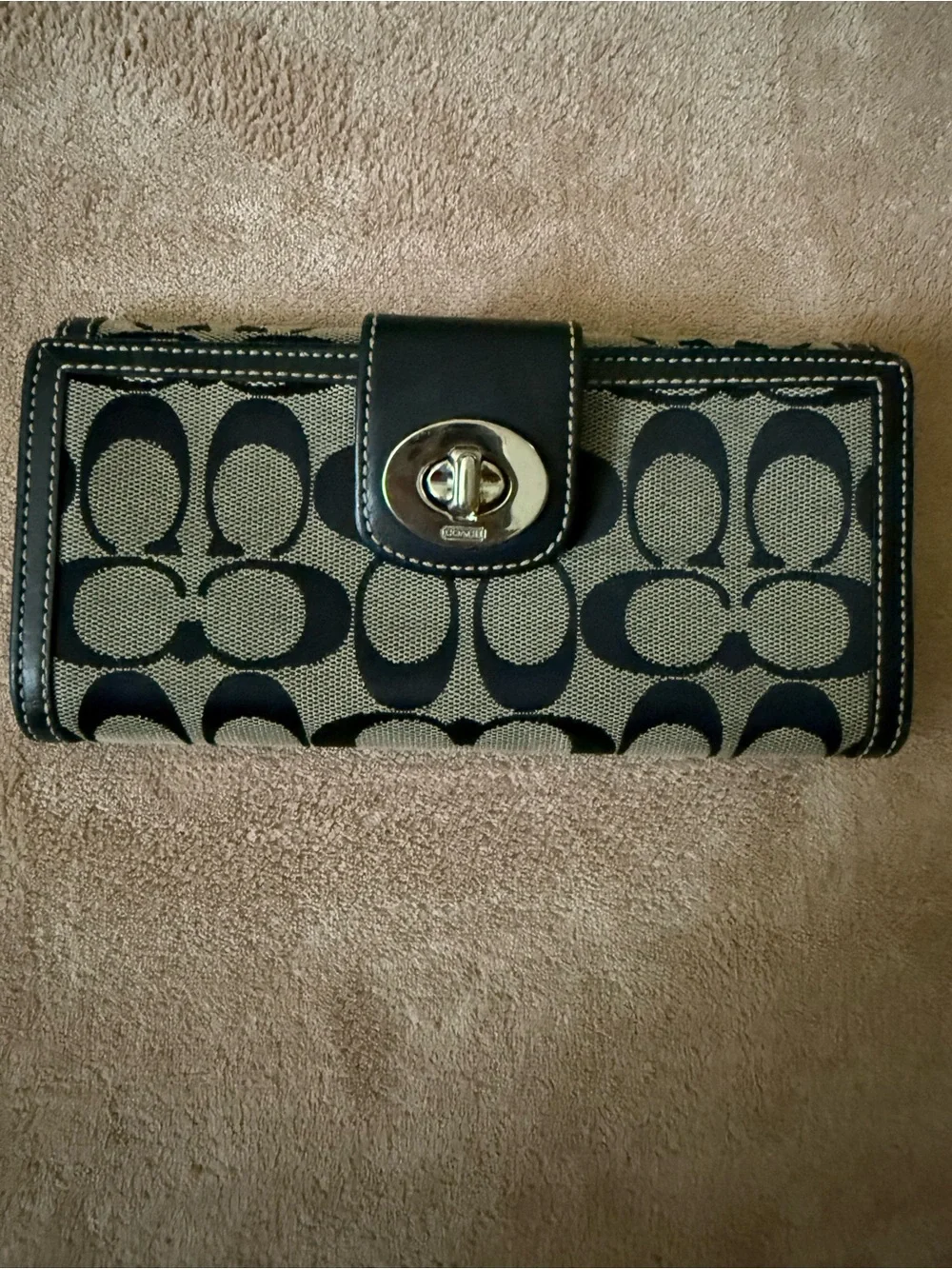 Coach Black and Tan Signature Canvas Turnlock Wallet